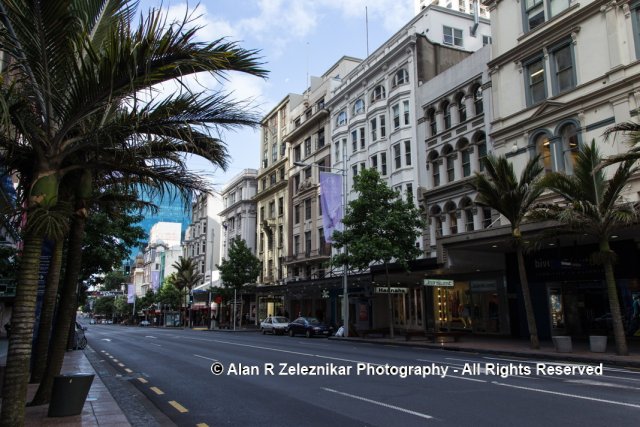 Vintage buildings of downtown Auckland, New Zealand 5 PM Sunday.